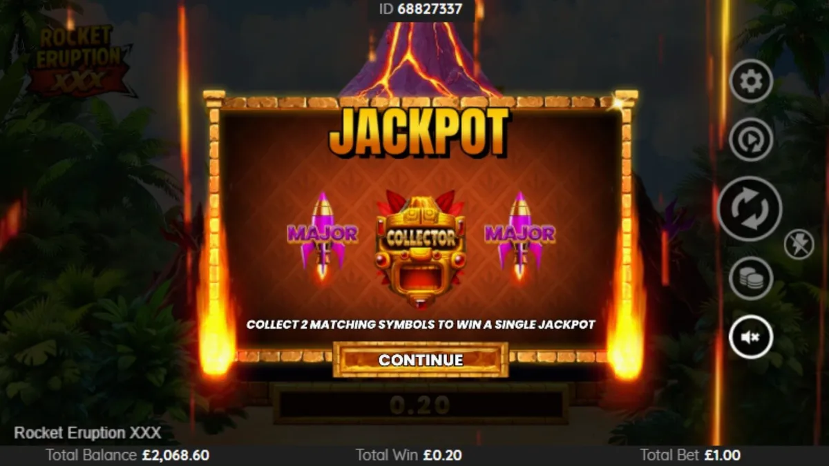Interface do jogo Rocket Eruption XXX com temática de vulcão e neon